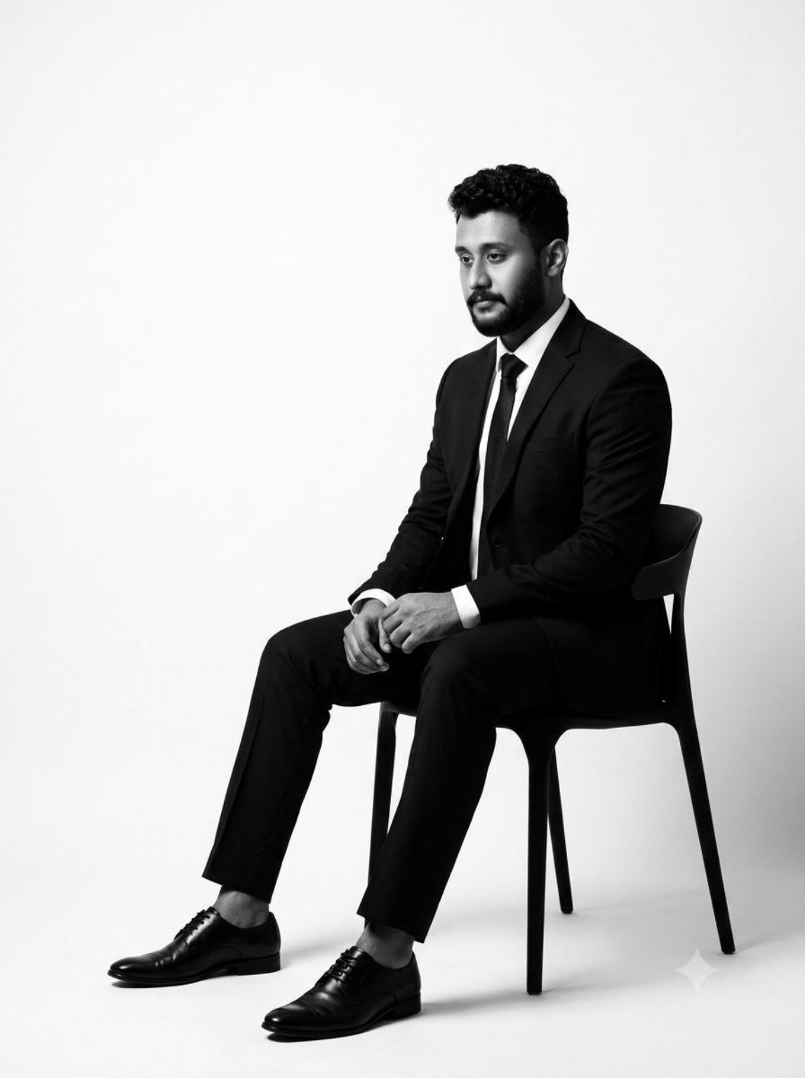 Bollam Rishithej seated in a black suit in a minimalist studio